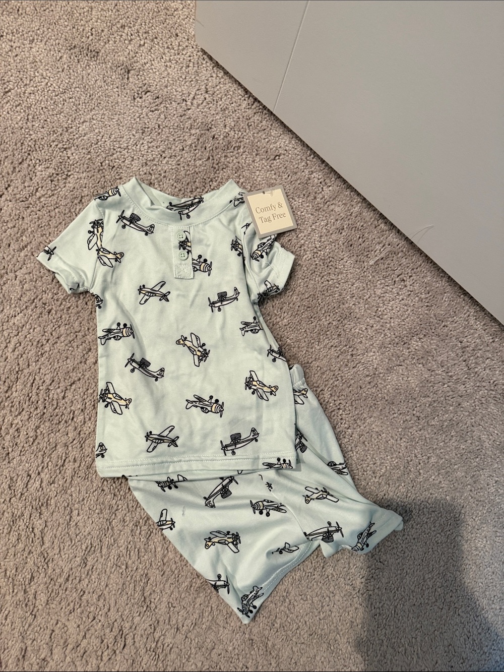 Kids Short Sleeve Airplane Print Pajama Set - Light Mint